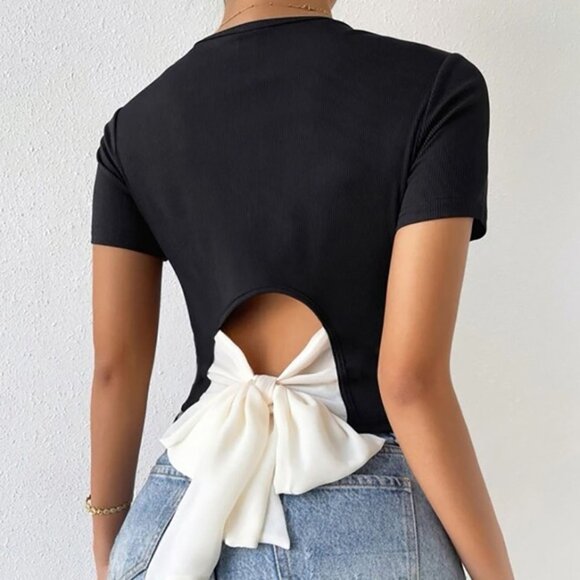 SHEIN Privé Black Tie Back Round Neck Rib Knit Crop top size Medium - Picture 2 of 9